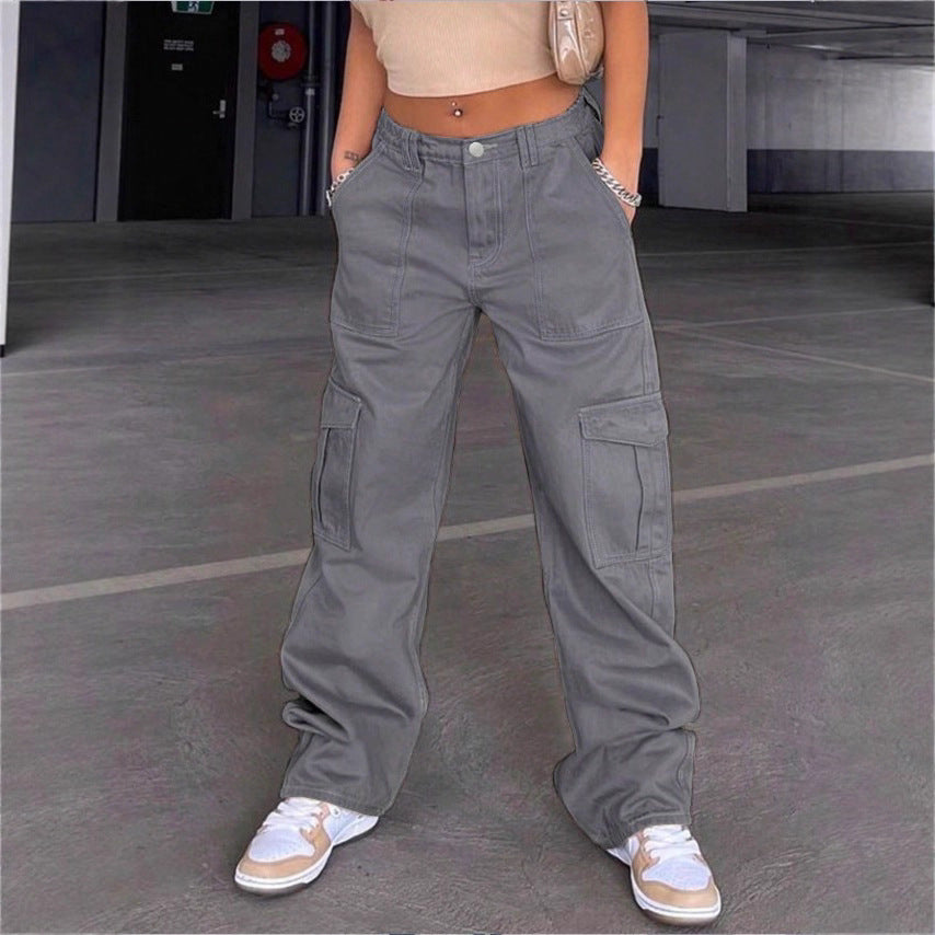 Women's wide cargo pants with high waist, patch flap pockets, and casual baggy fit Chichicherry