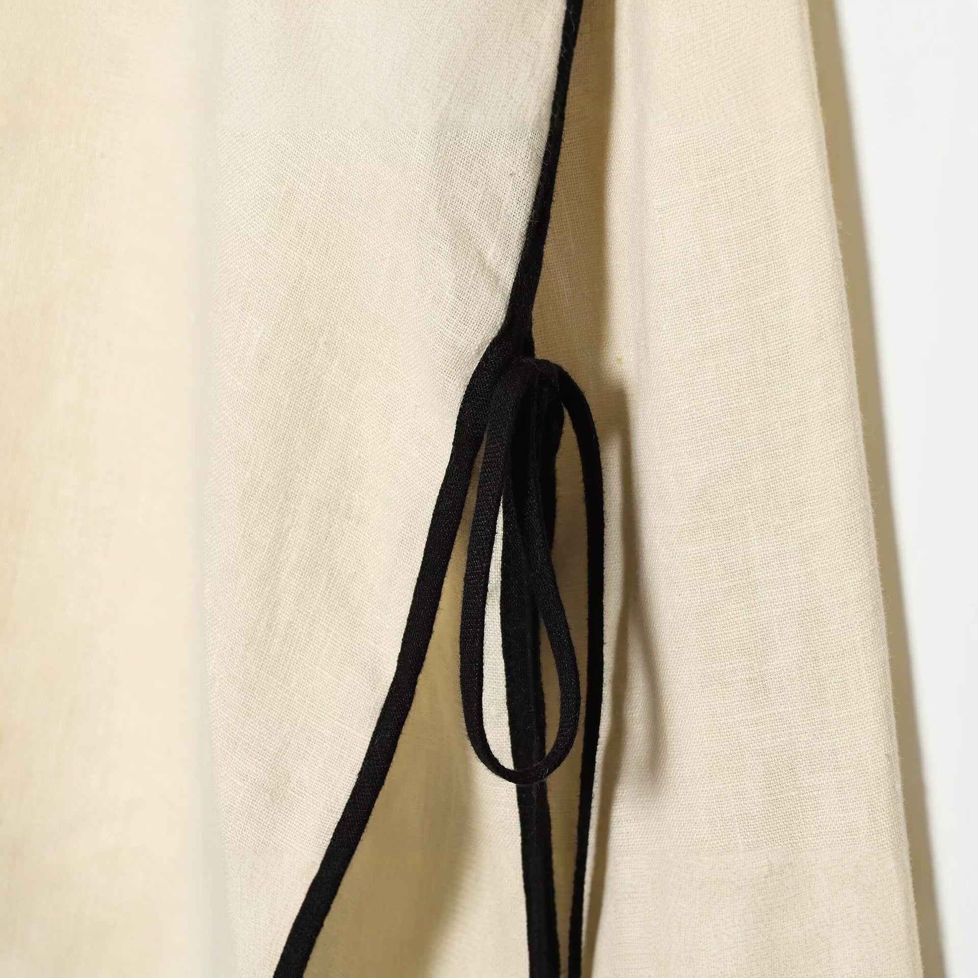 Ladies Wide Linen Look Pants with High Elastic Waistband, Contrast Piping and Leg Lacing Detail Chichicherry