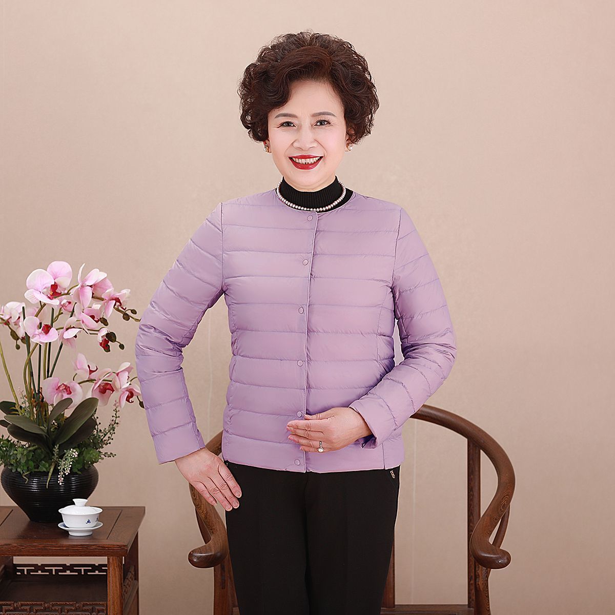 Women's Collarless Ultralight Quilted Short Jacket with Snap Button Closure Chichicherry
