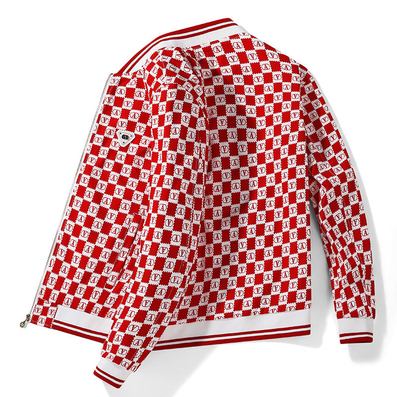 Men's Printed Bomber Jacket in Retro-Inspired Logo Pattern with Ribbed Cuffs Chichicherry