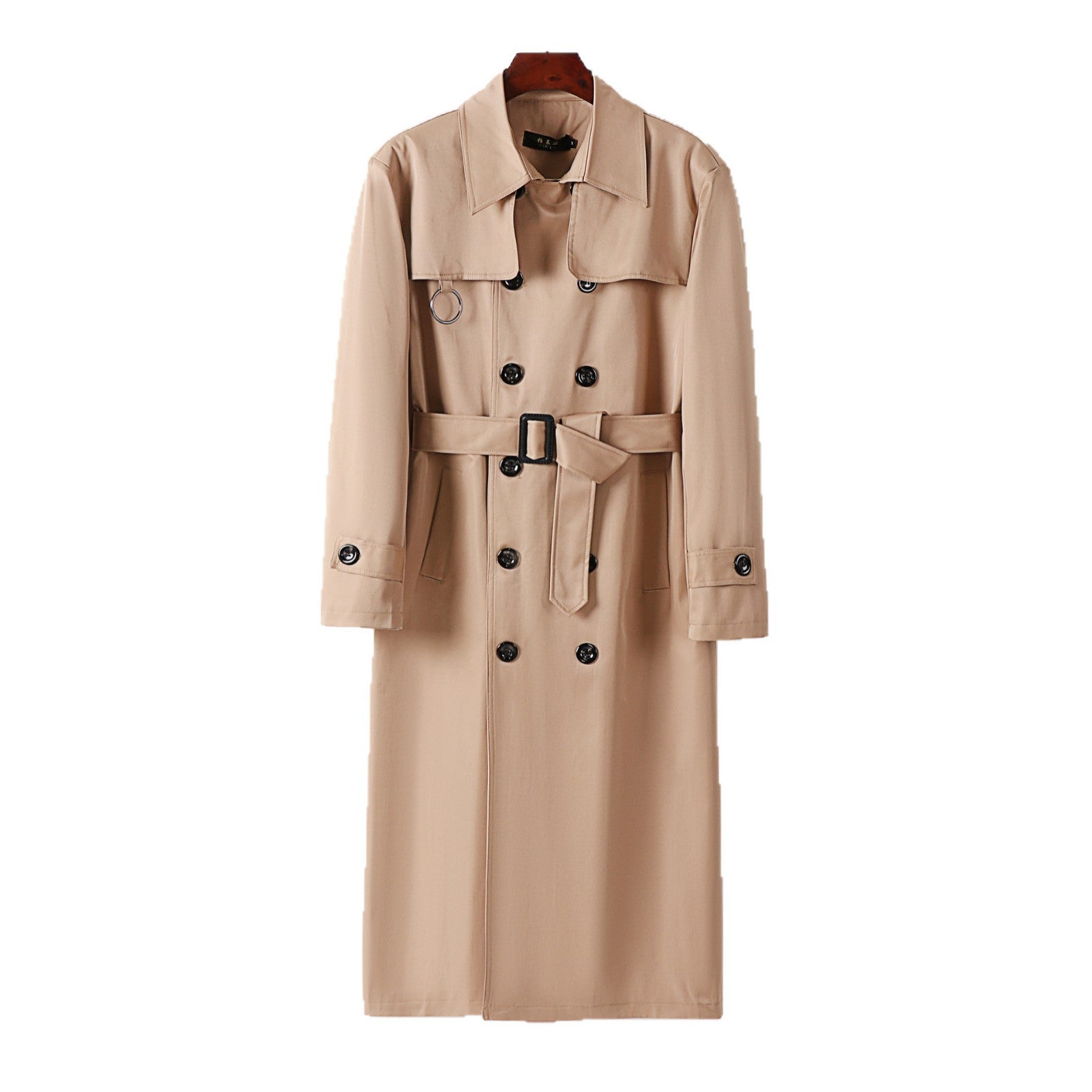 Men's double-breasted trench coat with waist tailoring, lapel collar, and decorative metal ring Chichicherry