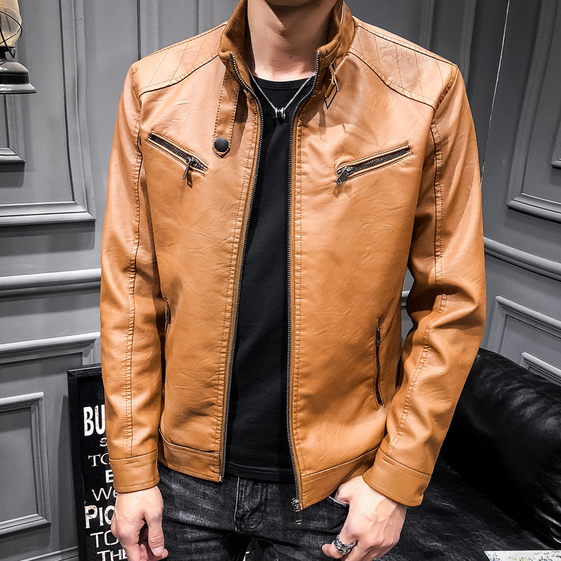 Men's Slim-Fit Faux Leather Racer Jacket with Stand Collar and Zip Chest Pockets Chichicherry