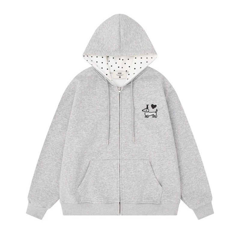 Women’s hooded sweatshirt jacket with embroidered dachshund motif and dotted hood lining Chichicherry