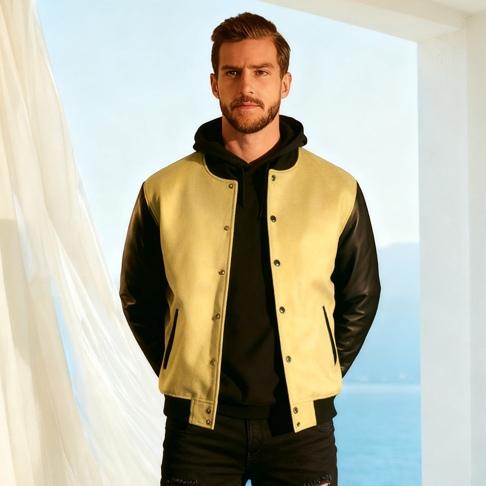 Men's varsity bomber jacket in college style with wool body and leather sleeves Chichicherry