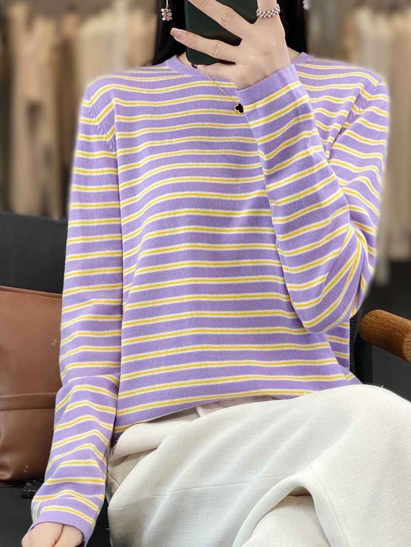 Women Lightweight Cotton Blend Striped Sweater with Round Neck, Raglan Sleeves and Casual Silhouette Chichicherry