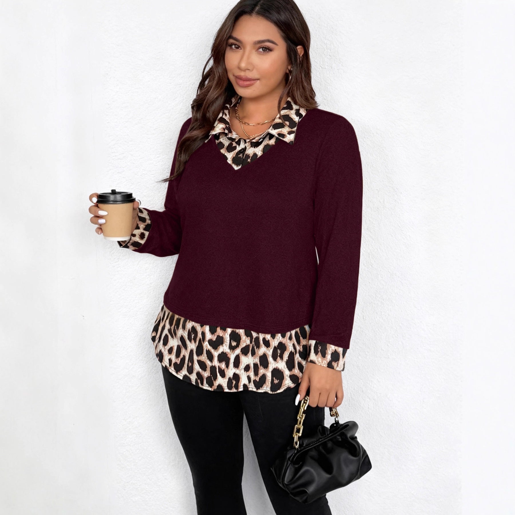 Women's layered look pullover with V-neck and leopard print blouse insert Chichicherry