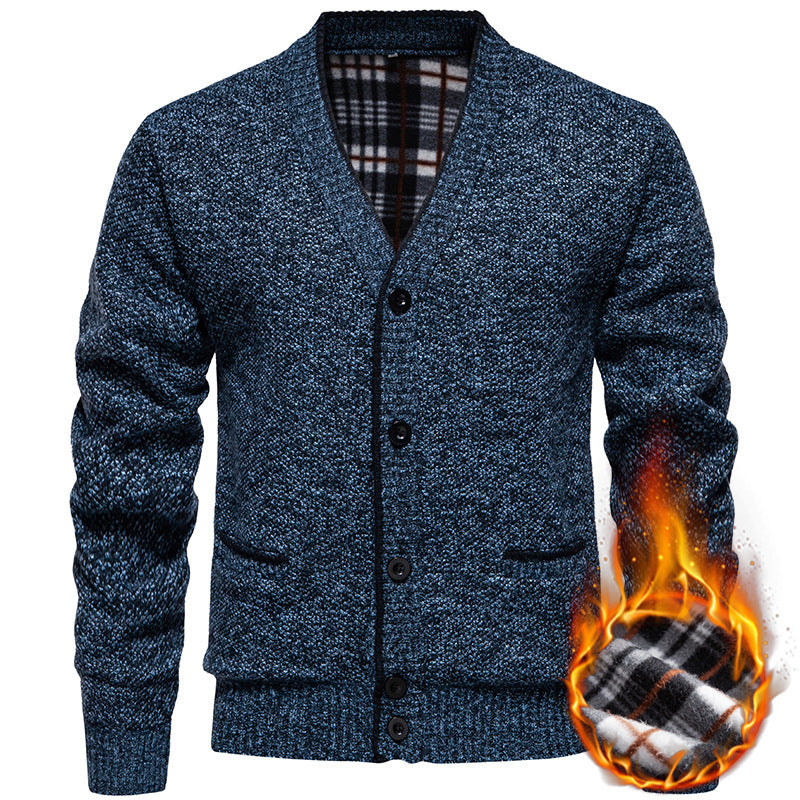 Men's Structured V-Neck Knit Cardigan with Contrasting Edge and Checked Lining Chichicherry