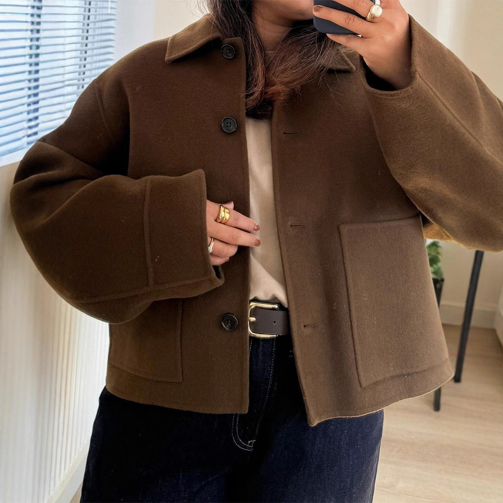 Women Short Wool Blend Blazer with Boxy Silhouette and Extra Long Sleeves Chichicherry