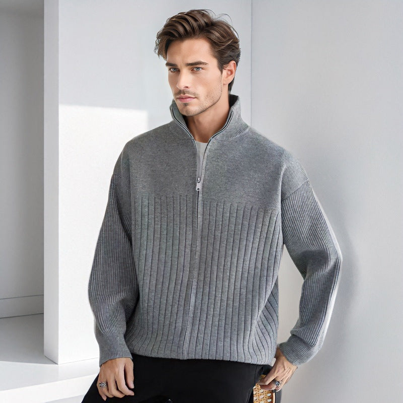 Herren Halbzip-Strickpullover mit hohem Stehkragen und breitem Rippenmuster Chichicherry