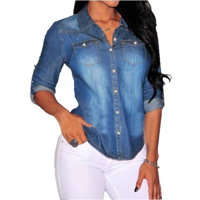 Women's tailored denim shirt blouse with chest pockets and pearl buttons Chichicherry
