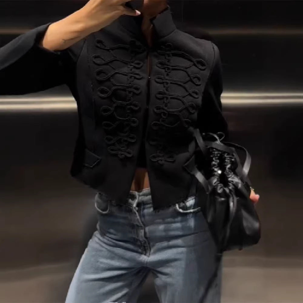 Women's Militarily Inspired Short Jacket with Cord and Hook Decoration Chichicherry