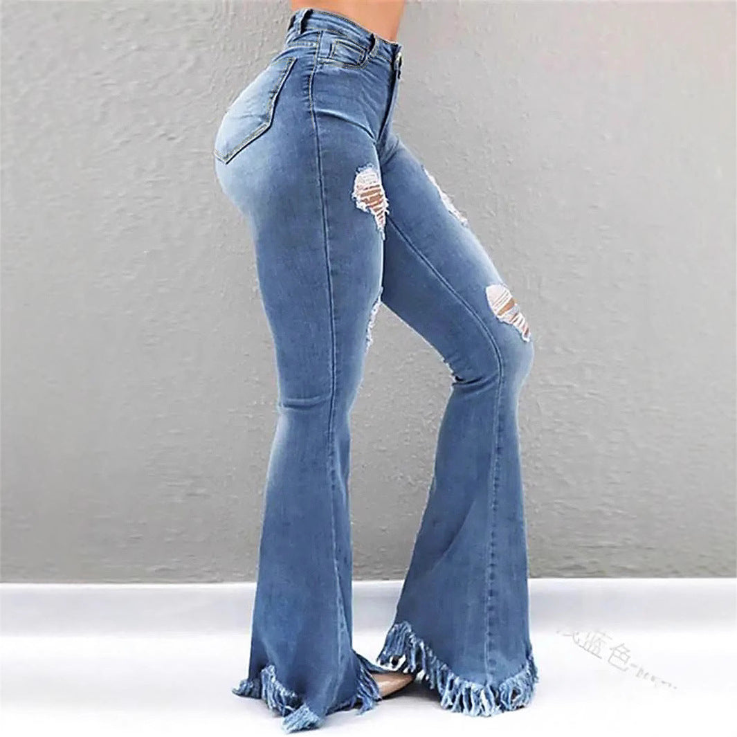 Women High-Waist Flared-Jeans with sculpting cut, destroyed knee parts and frayed ruffle hem Chichicherry