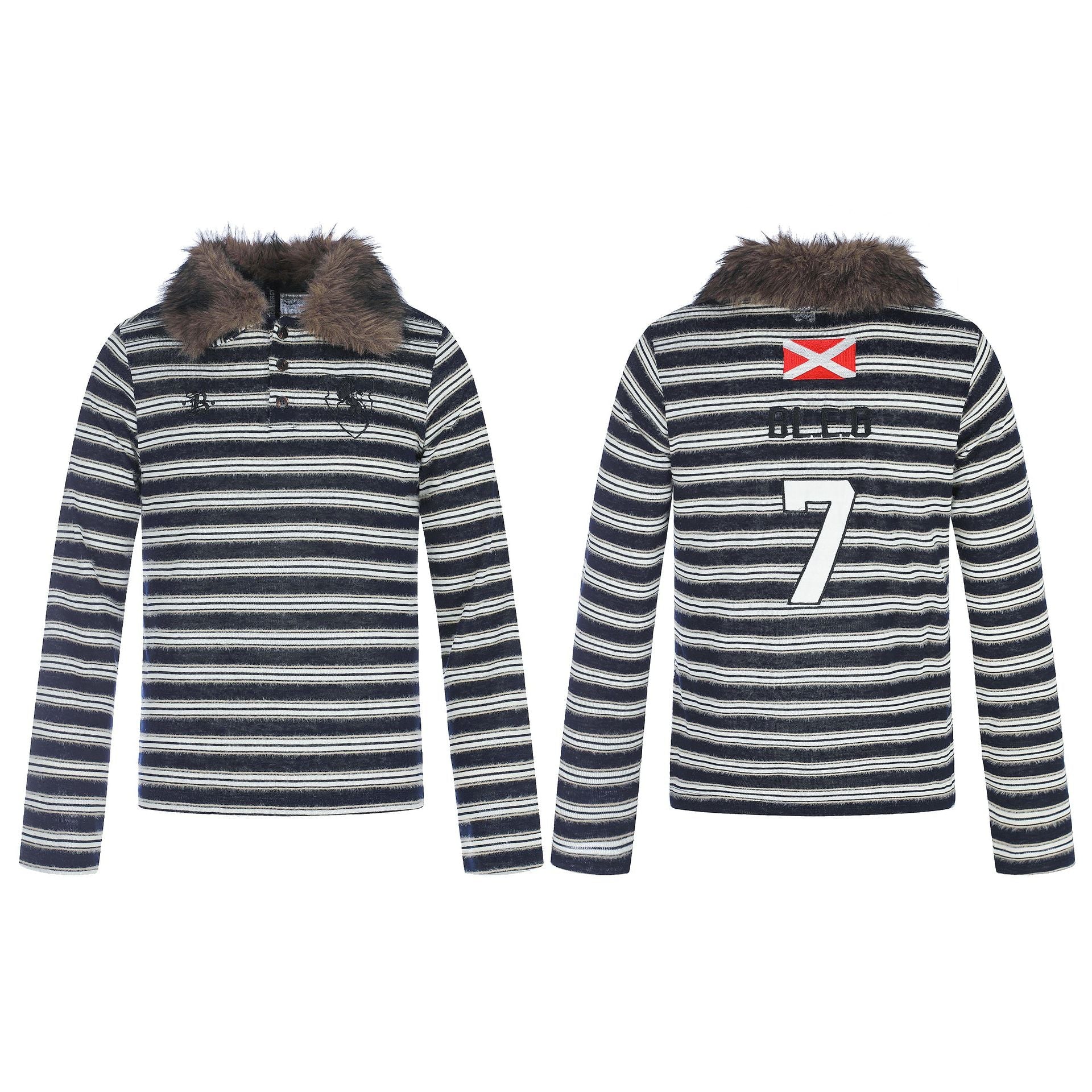 Women's Striped Long Sleeve Polo Shirt with Faux Fur Collar Chichicherry
