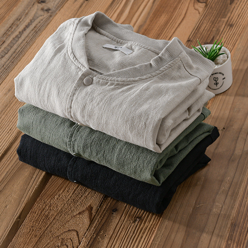 Men's Lightweight Linen Bomber Jacket with Stand Collar and Snap Buttons Chichicherry
