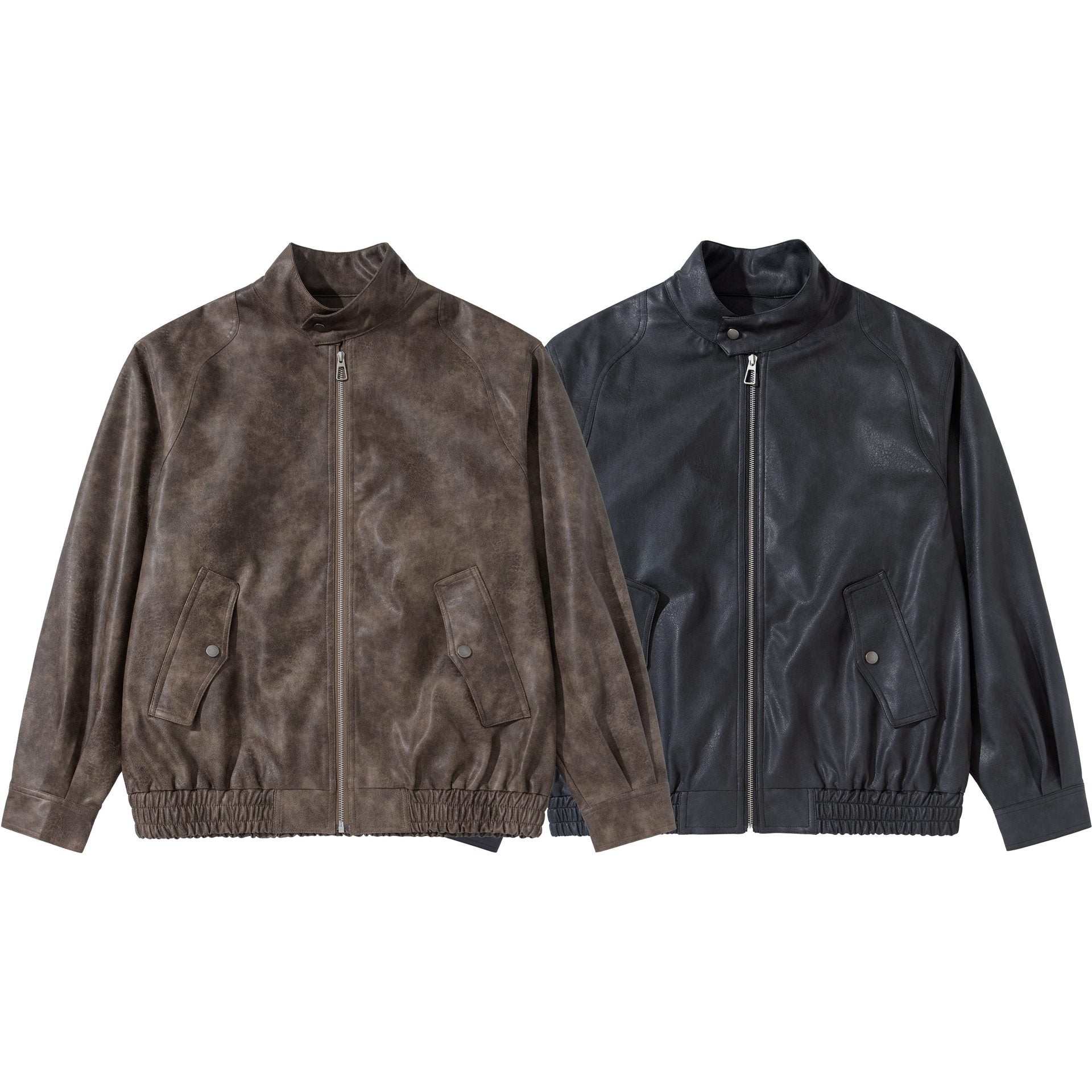 Men's vintage-inspired faux leather bomber jacket with funnel collar, flap pockets, and elastic hem Chichicherry