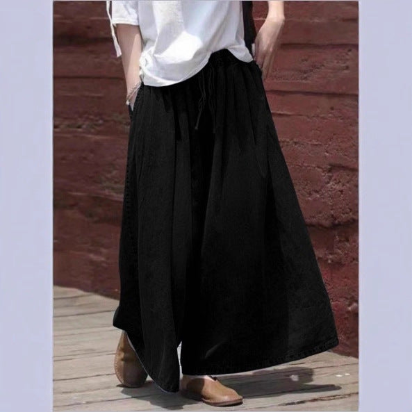 Women's Long Denim Maxi Skirt with Drawstring Waist, Wide A-Line Cut and Side Pockets Chichicherry