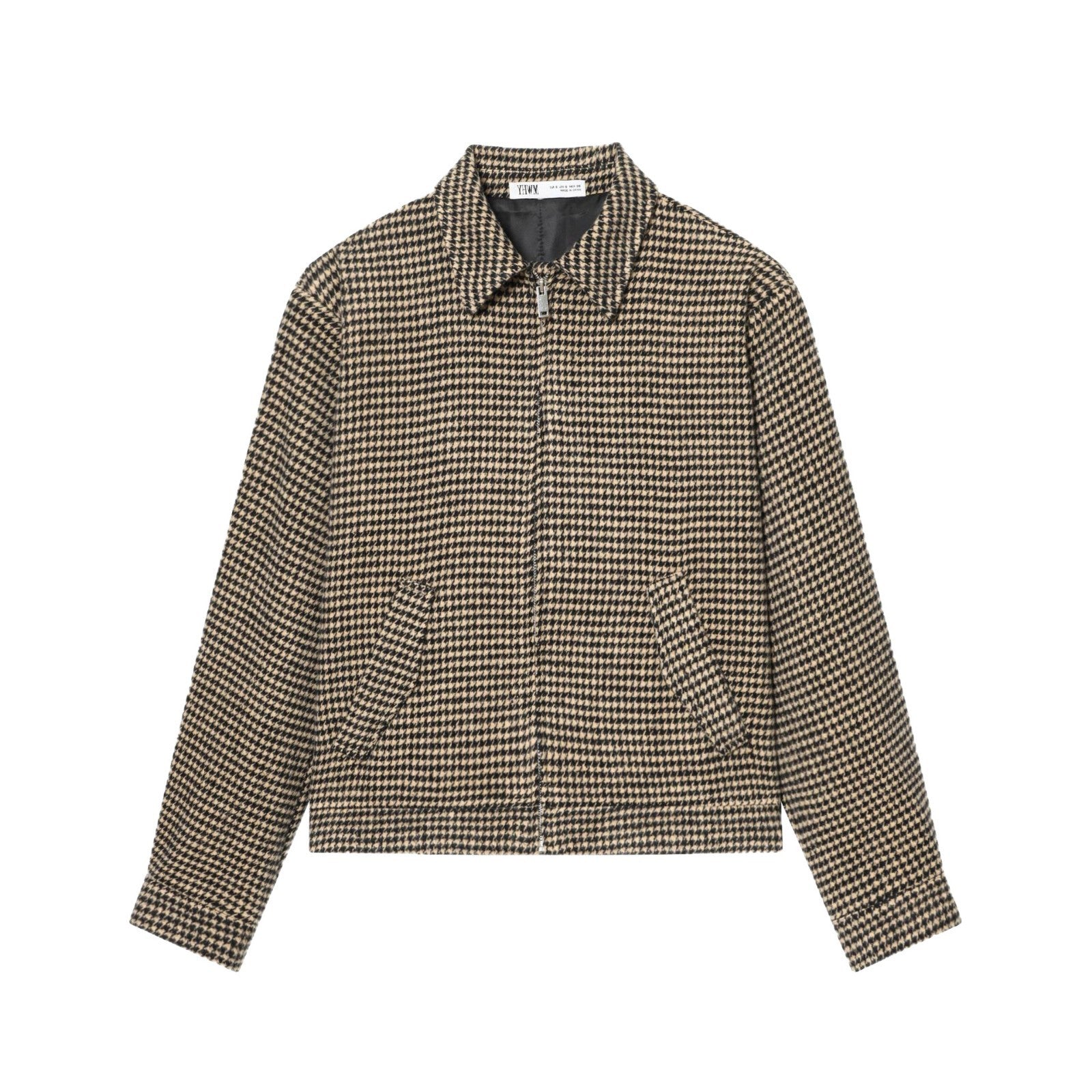 Women Boxy Short Jacket made of Wool Blend with Houndstooth Pattern, Zipper and Shirt Collar Chichicherry