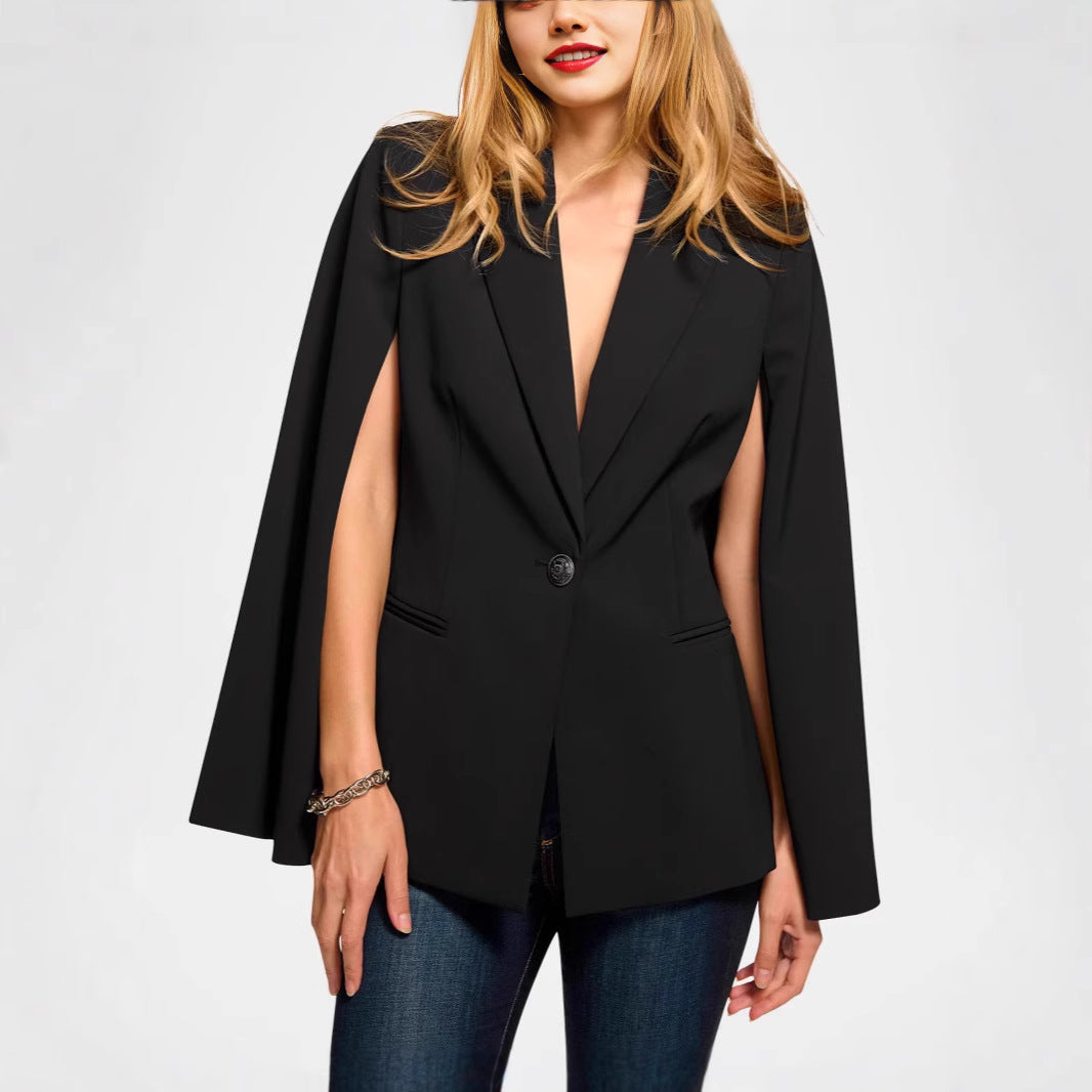 Women's Cape Blazer with Split Sleeves and Tailored Single-Button Closure Chichicherry