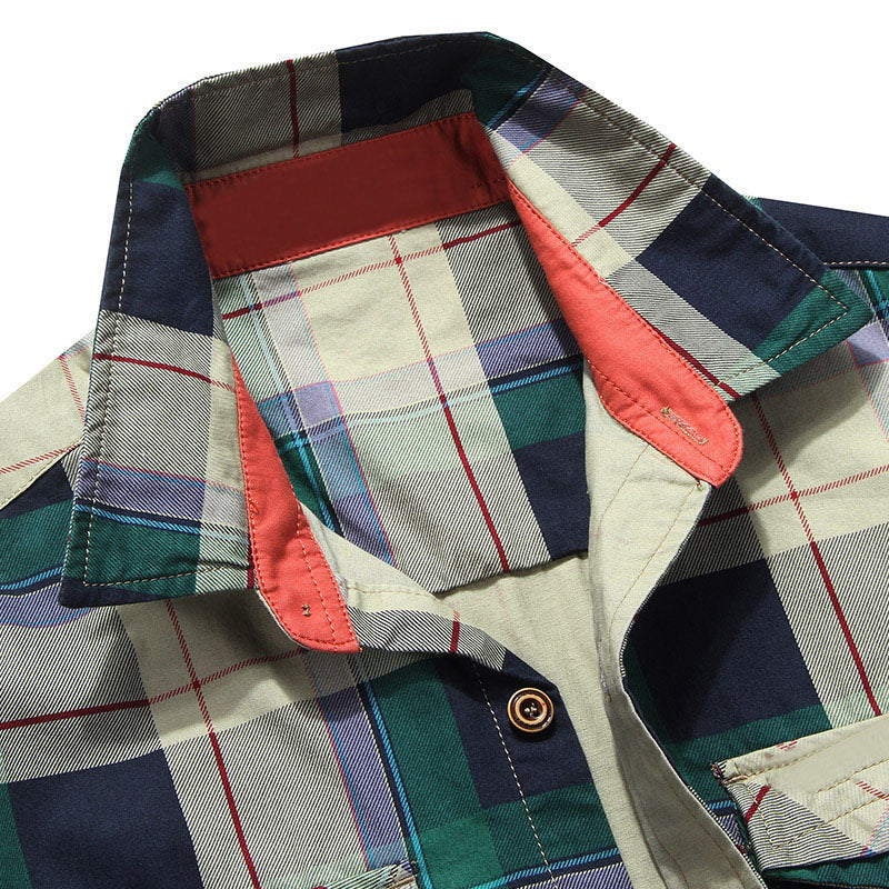Men's Checked Cotton Work Shirt with Chest Flap Pockets and Contrasting Inner Collar Chichicherry