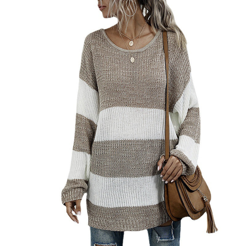 Ladies Oversize Long Sweater with Block Stripes and Round Neckline Chichicherry