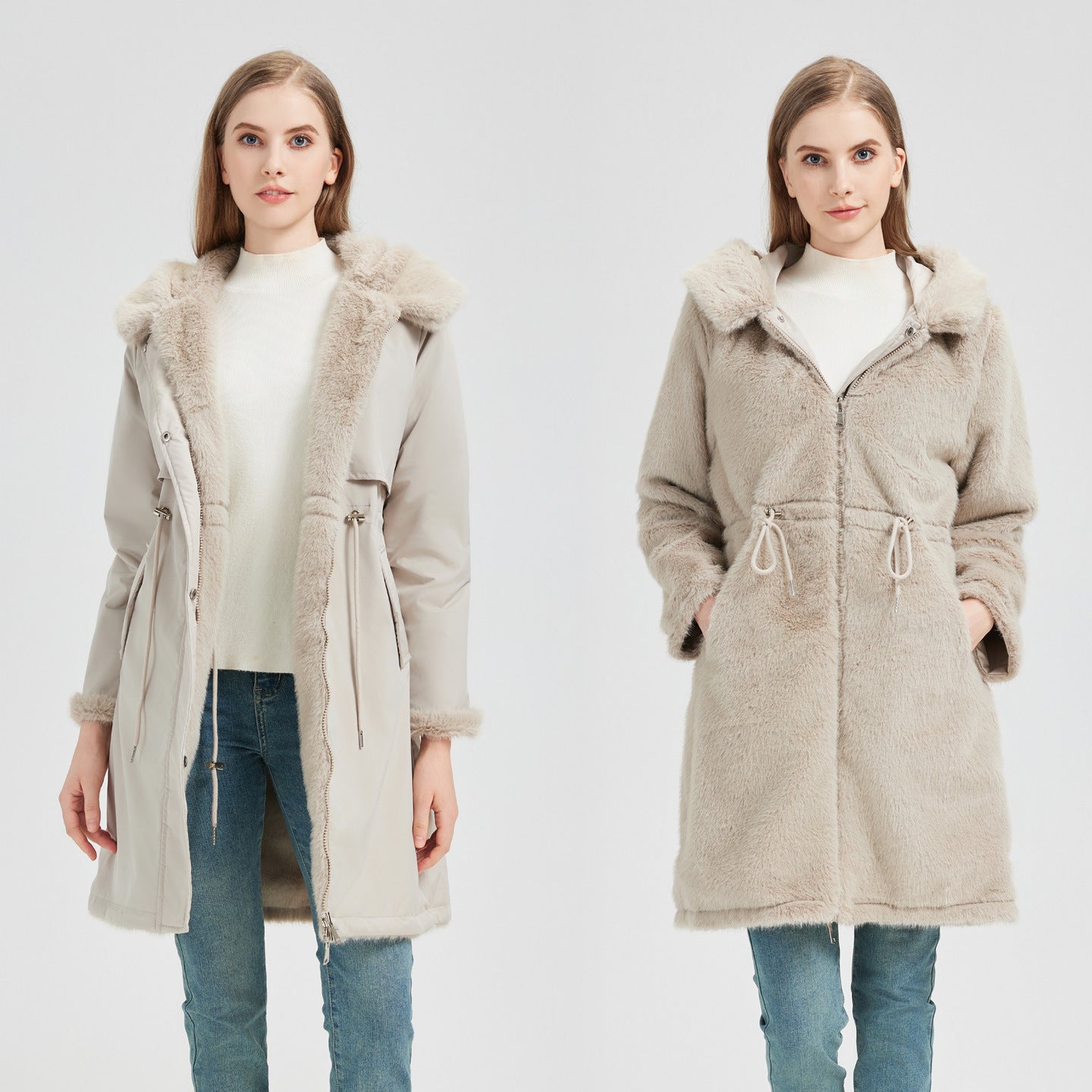 Women's tailored long thermal parka with faux fur trim on hood and sleeves as well as drawstring waist Chichicherry