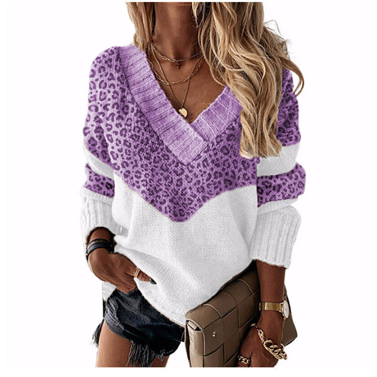 Women's V-neck knitted sweater with leopard print and color block design Chichicherry