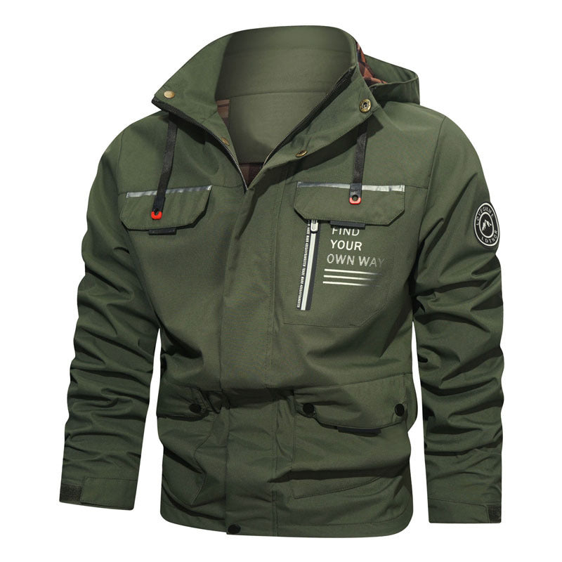 Men's utility-style hooded jacket with chest zip, multiple pockets, and statement print Chichicherry