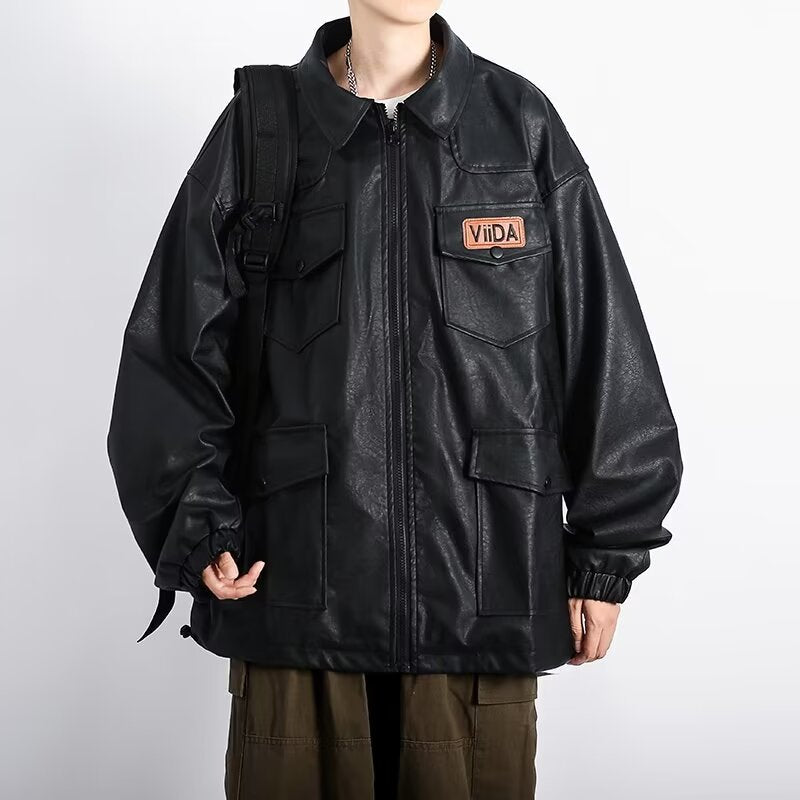 Unisex Oversized Utility Lederimitat Jacke mit Mehreren Klappentaschen Chichicherry