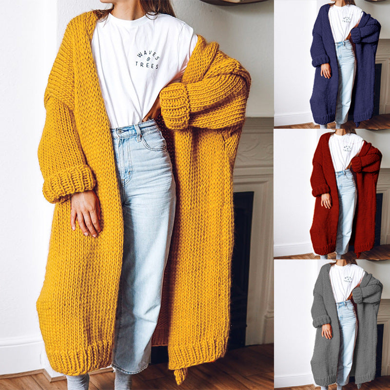 Women Oversize Maxi Chunky Knit Cardigan with Open Front and Voluminous Sleeves Chichicherry
