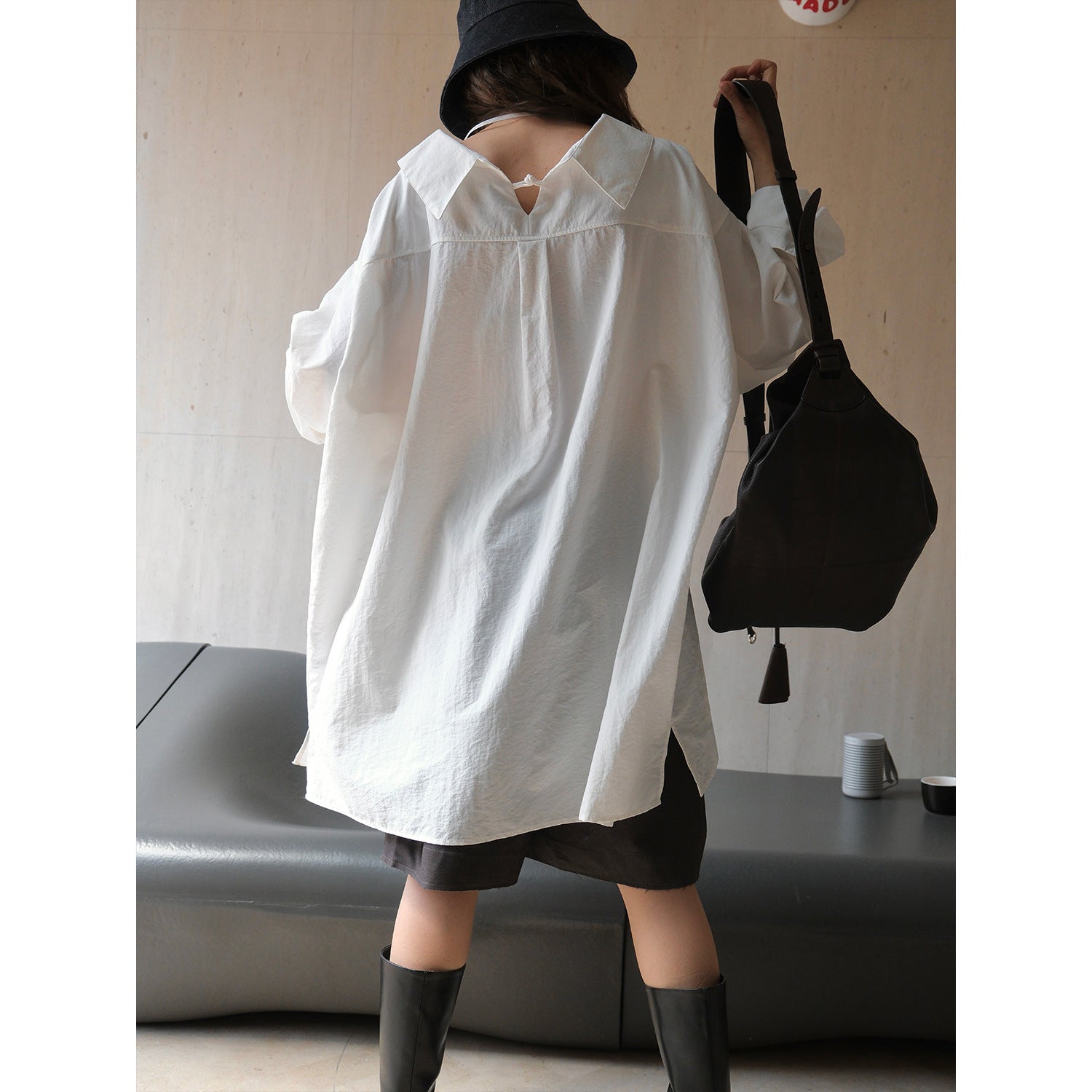 Women's Oversized Shirt Dress with Hidden Button Placket and Balloon Sleeves Chichicherry
