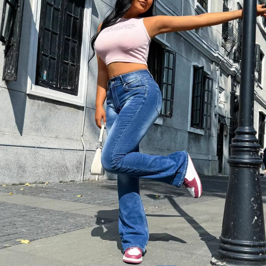 Women's high-waisted flared jeans in retro cut with elastic waistband panel and sculpting fit Chichicherry