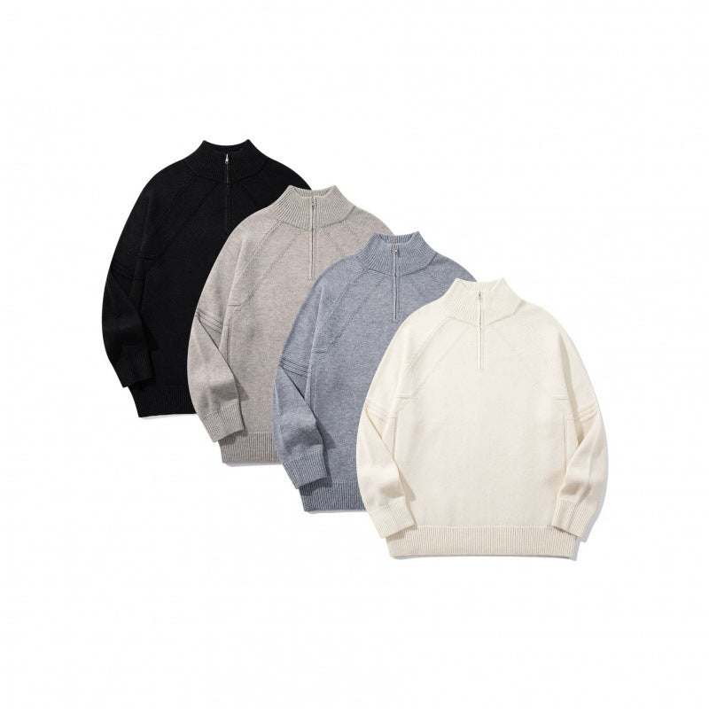 Unisex Knit Half-Zip Sweater with High Ribbed Collar and Raglan Sleeves Chichicherry