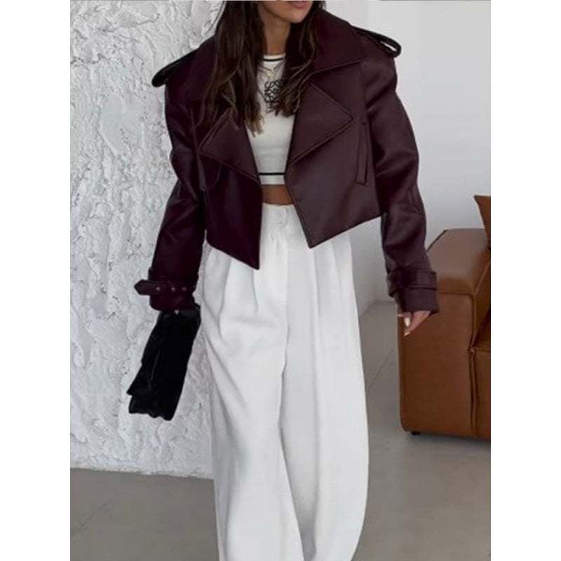 Ladies Cropped Biker Jacket made of faux leather with oversized lapels, adjustable cuffs, and epaulettes Chichicherry