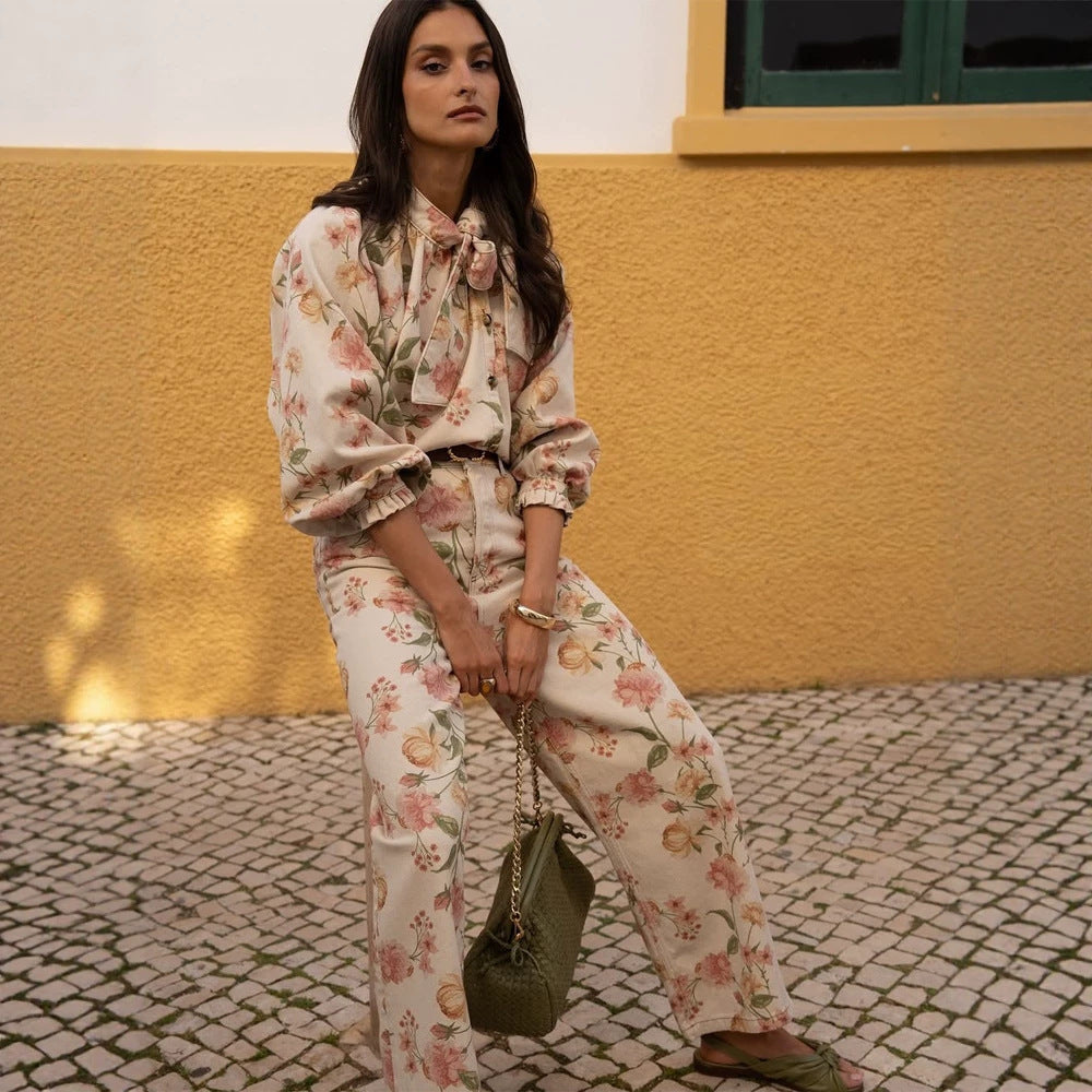Women's Two-Piece Floral Print Co-Ord Set with Oversized Blouson and High-Waist Pants Chichicherry