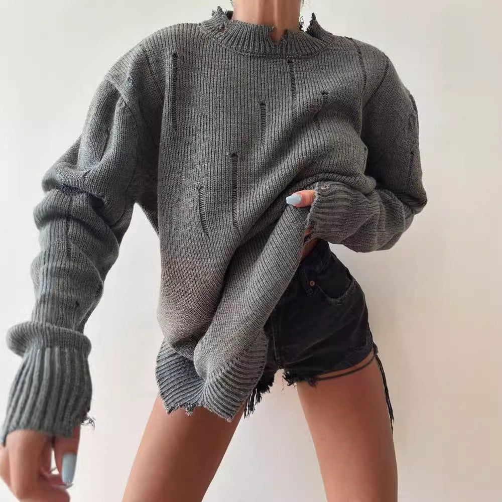 Damen Oversized Grobstrickpullover mit Distressed-Details und geripptem Saum Chichicherry