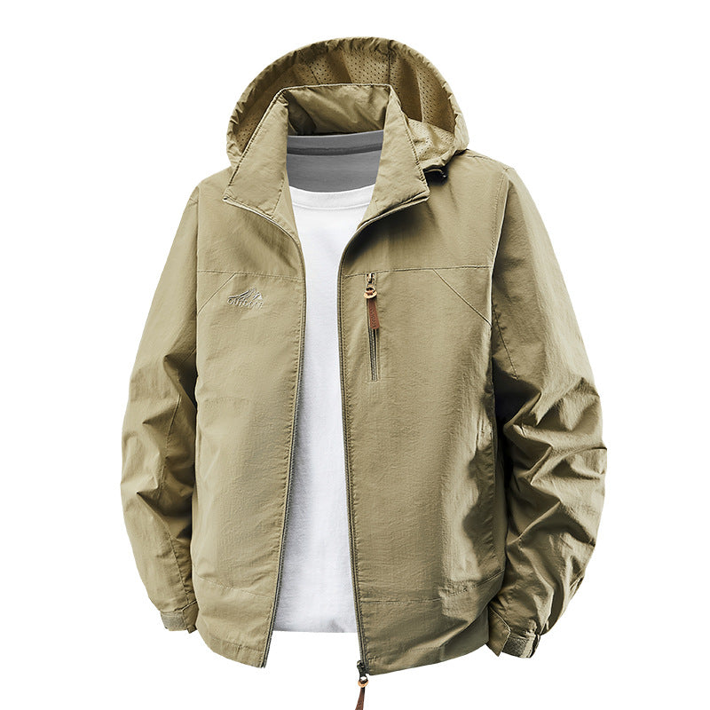 Men Packable Wind and Rain Jacket with Perforated Hood Lining, Chest Zip & Drawstring Chichicherry