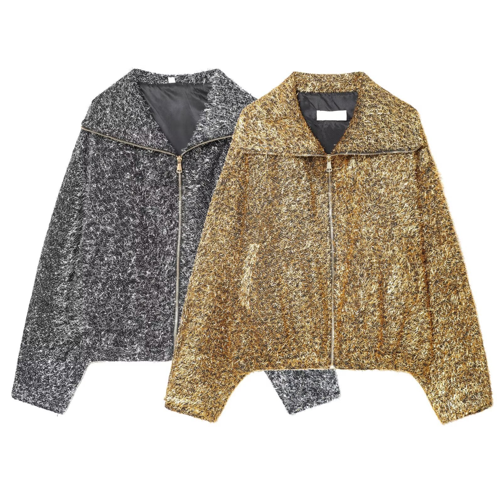 Women's cropped bouclé jacket with metallic effect and full-length zipper Chichicherry
