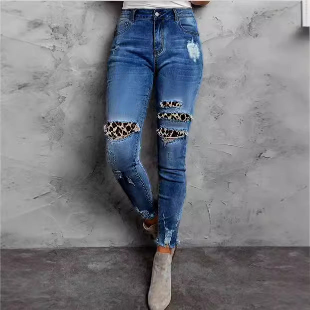 Women Stretch Skinny Jeans with High Waist, Knee Ripped Details and Leo Underlay Chichicherry