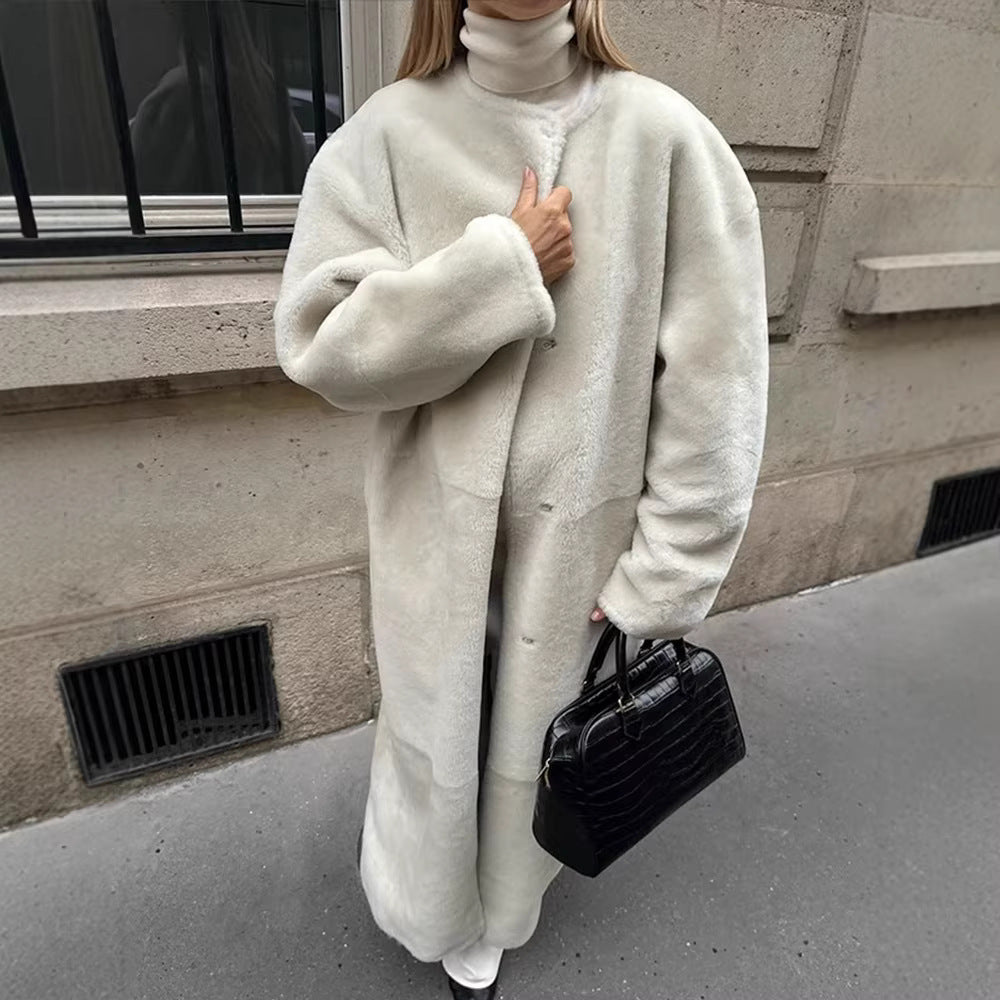 Women Maxilength Oversized Teddy Coat with Minimalist Stand Collar and Concealed Snap Button Placket Chichicherry