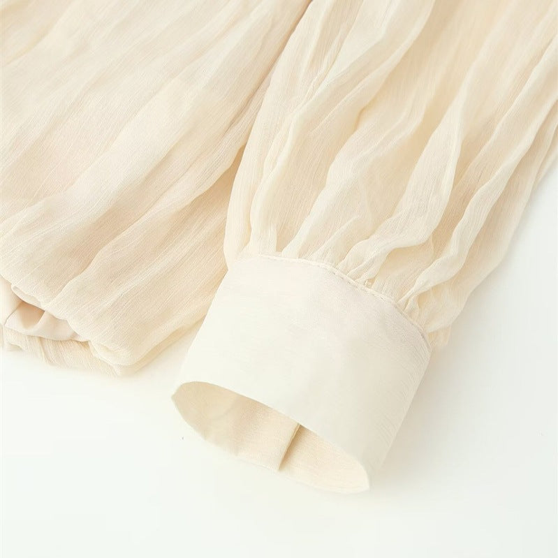 Women Transparent Pleated Chiffon Blouse with Neck Scarf Bow and Asymmetric Hem Chichicherry