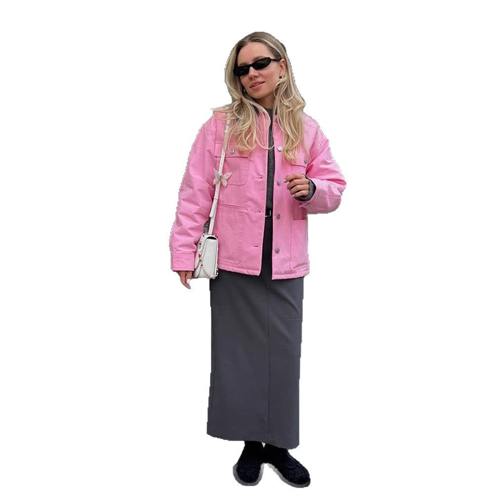 Women's Boxy Overshirt Jacket with Patch Pockets & Metal Button Placket Chichicherry