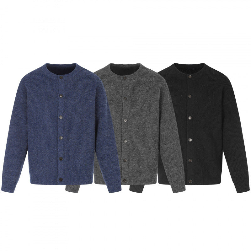 Unisex Boxy Knit Jacket with Round Neck, Continuous Button Placket and Fine Waffle Structure Chichicherry