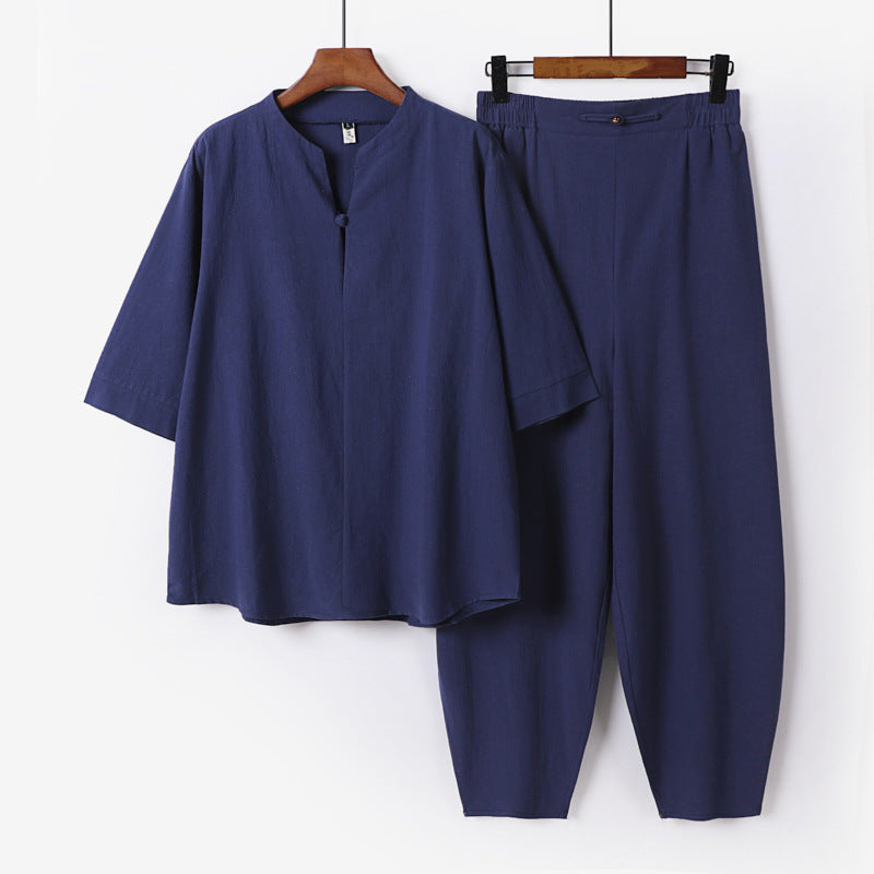 Men's Two-Piece Lightweight Linen-Cotton Set with Mandarin Collar and Elastic Waist Pants Chichicherry