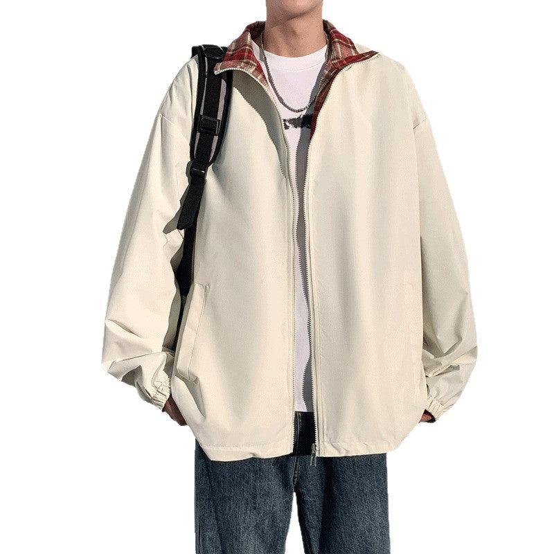 Men's Oversize Utility Transition Jacket with Zipper and Contrasting Checkered Inner Collar Chichicherry