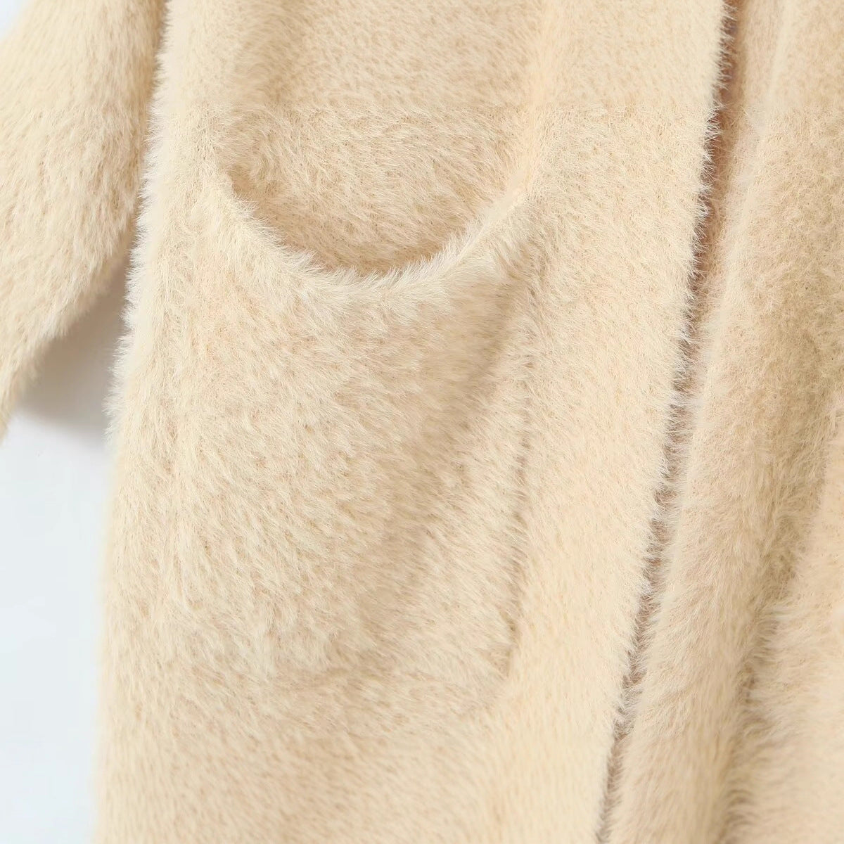 Women Longer fluffy hooded cardigan with patch pockets and open front Chichicherry