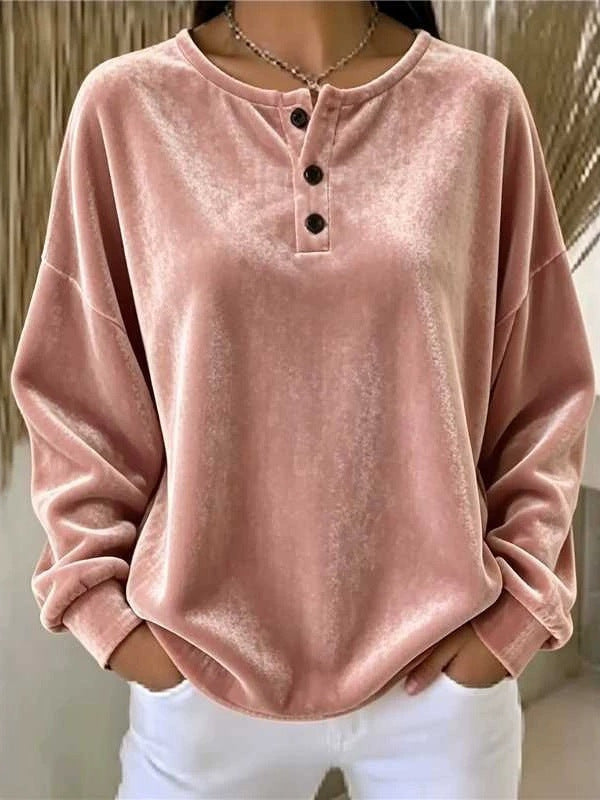 Women's Velvet Henley Sweatshirt oversized with Button Placket and Dropped Shoulder Chichicherry