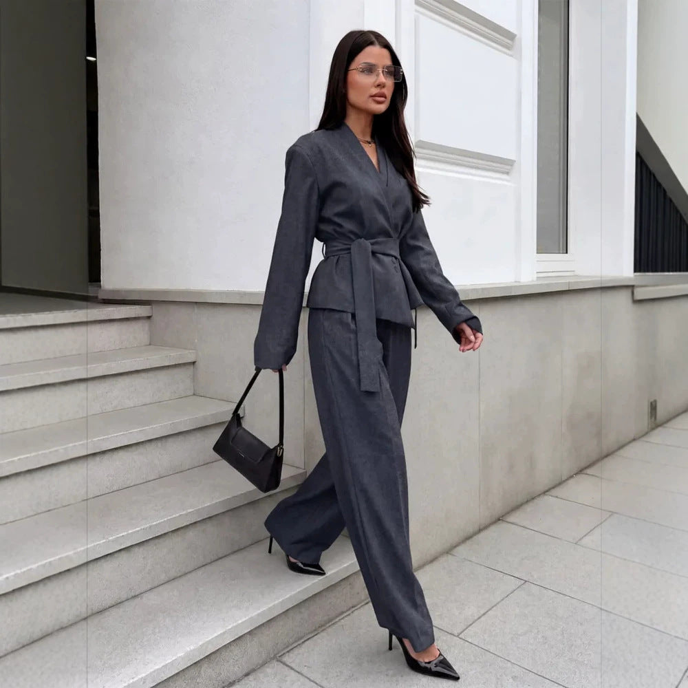 Women's Elegant Wrap Blazer Set with Waist Belt and Wide Pleated Trousers Chichicherry