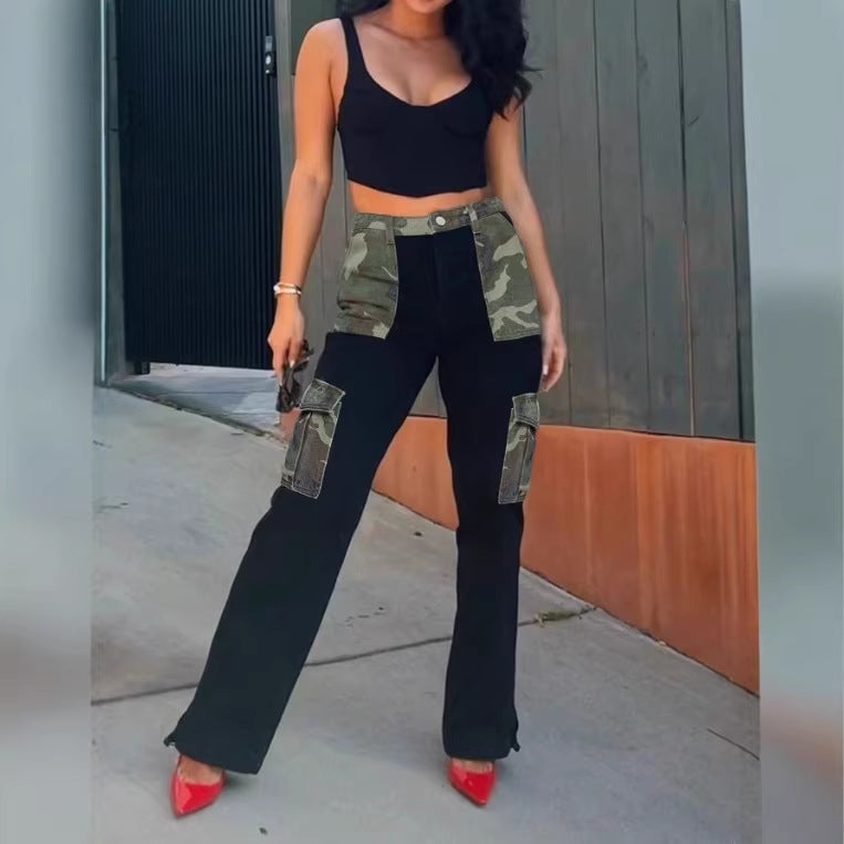 Women High-Waist Utility Jeans with Camouflage Panels and Patch Cargo Pockets Chichicherry
