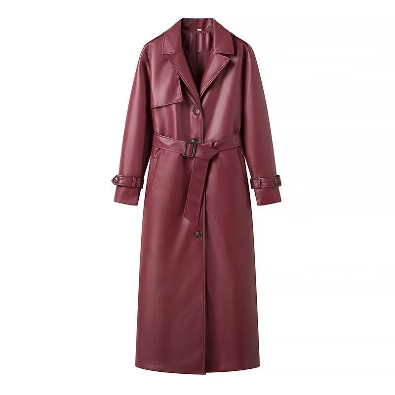 Women's Long Faux Leather Trench Coat with Waist Belt, Wide Lapels and Water-Resistant Surface Chichicherry