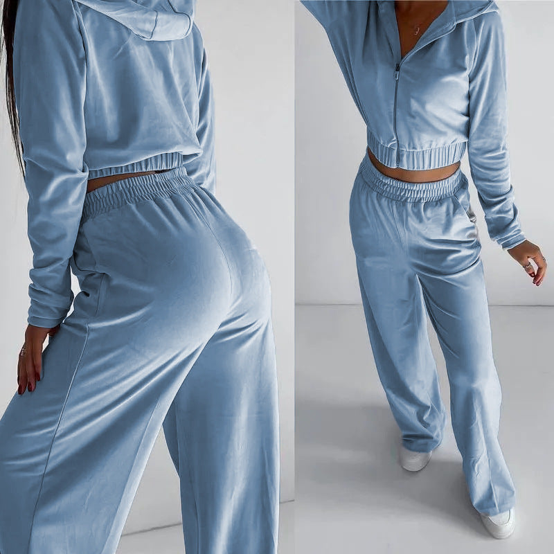 Damen Cropped Velours-Loungewear-Set mit Reißverschluss, Kapuze und High-Waist Jogpant Chichicherry